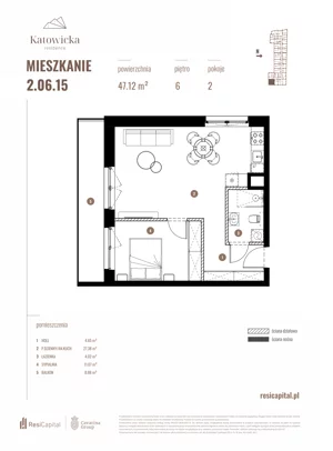 2 pokoje, apartament 47,12 m², piętro 6, oferta nr 2.06.15., Katowicka Residence, Katowice, Bogucice, ul. Katowicka