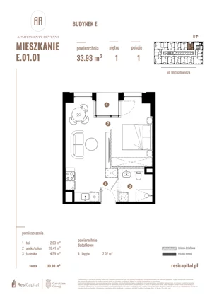 1 pokój, mieszkanie 33,93 m², piętro 1, oferta nr E.01.01, Apartamenty Reytana - Budynek E, Bielsko-Biała, ul. Rejtana
