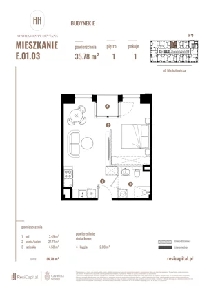 1 pokój, mieszkanie 35,78 m², piętro 1, oferta nr E.01.03, Apartamenty Reytana - Budynek E, Bielsko-Biała, ul. Rejtana