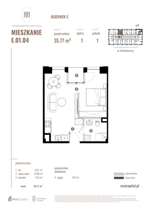1 pokój, mieszkanie 35,77 m², piętro 1, oferta nr E.01.04, Apartamenty Reytana - Budynek E, Bielsko-Biała, ul. Rejtana