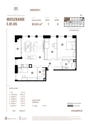 4 pokoje, mieszkanie 84,84 m², piętro 1, oferta nr E.01.05, Apartamenty Reytana - Budynek E, Bielsko-Biała, ul. Rejtana