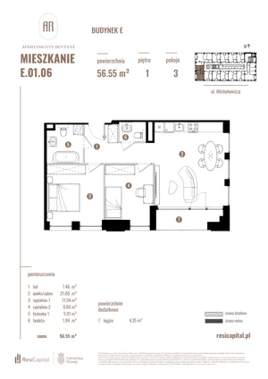 3 pokoje, mieszkanie 56,55 m², piętro 1, oferta nr E.01.06, Apartamenty Reytana - Budynek E, Bielsko-Biała, ul. Rejtana