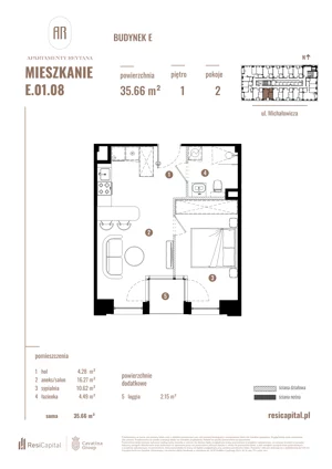 2 pokoje, mieszkanie 35,66 m², piętro 1, oferta nr E.01.08, Apartamenty Reytana - Budynek E, Bielsko-Biała, ul. Rejtana