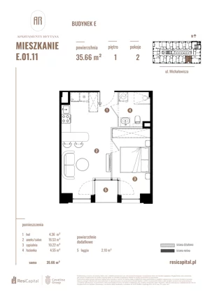 2 pokoje, mieszkanie 35,66 m², piętro 1, oferta nr E.01.11, Apartamenty Reytana - Budynek E, Bielsko-Biała, ul. Rejtana