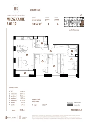 4 pokoje, mieszkanie 83,52 m², piętro 1, oferta nr E.01.12, Apartamenty Reytana - Budynek E, Bielsko-Biała, ul. Rejtana
