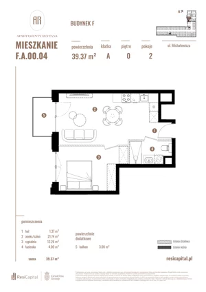 2 pokoje, apartament 39,37 m², parter, oferta nr F.A.00.04, Apartamenty Reytana - Budynek F, Bielsko-Biała, ul. Rejtana