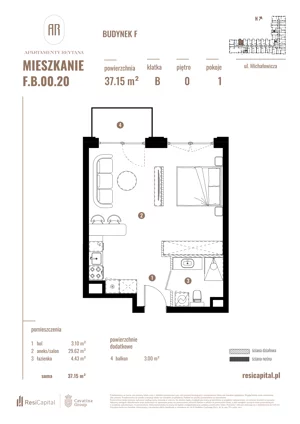 1 pokój, apartament 37,15 m², parter, oferta nr F.B.00.20, Apartamenty Reytana - Budynek F, Bielsko-Biała, ul. Rejtana