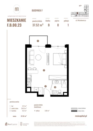 1 pokój, apartament 37,52 m², parter, oferta nr F.B.00.23, Apartamenty Reytana - Budynek F, Bielsko-Biała, ul. Rejtana