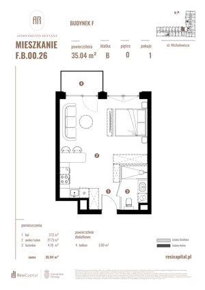1 pokój, apartament 35,04 m², parter, oferta nr F.B.00.26, Apartamenty Reytana - Budynek F, Bielsko-Biała, ul. Rejtana