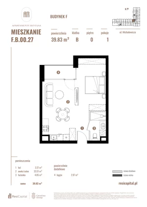 1 pokój, apartament 39,83 m², parter, oferta nr F.B.00.27, Apartamenty Reytana - Budynek F, Bielsko-Biała, ul. Rejtana