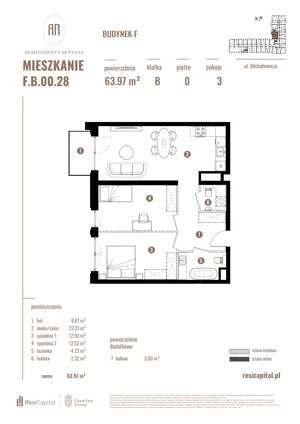 3 pokoje, apartament 63,97 m², parter, oferta nr F.B.00.28, Apartamenty Reytana - Budynek F, Bielsko-Biała, ul. Rejtana
