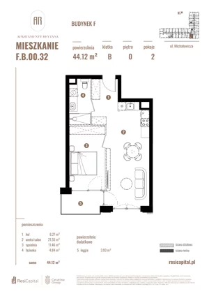 2 pokoje, apartament 44,12 m², parter, oferta nr F.B.00.32, Apartamenty Reytana - Budynek F, Bielsko-Biała, ul. Rejtana