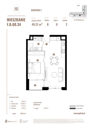 2 pokoje, apartament 40,31 m², parter, oferta nr F.B.00.34, Apartamenty Reytana - Budynek F, Bielsko-Biała, ul. Rejtana