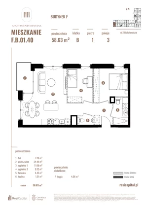 3 pokoje, apartament 58,63 m², piętro 1, oferta nr F.B.01.40, Apartamenty Reytana - Budynek F, Bielsko-Biała, ul. Rejtana