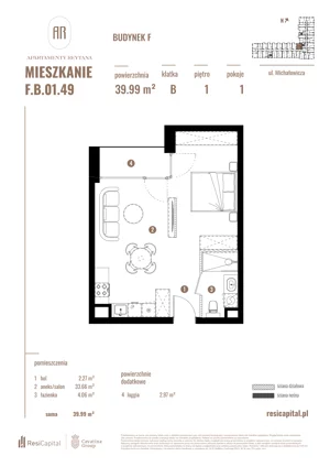 1 pokój, apartament 39,99 m², piętro 1, oferta nr F.B.01.49, Apartamenty Reytana - Budynek F, Bielsko-Biała, ul. Rejtana