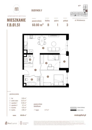 3 pokoje, apartament 60,80 m², piętro 1, oferta nr F.B.01.51, Apartamenty Reytana - Budynek F, Bielsko-Biała, ul. Rejtana