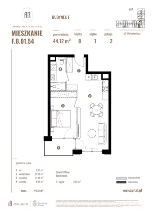 2 pokoje, apartament 44,12 m², piętro 1, oferta nr F.B.01.54, Apartamenty Reytana - Budynek F, Bielsko-Biała, ul. Rejtana