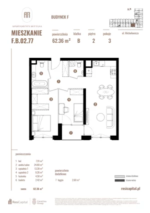 3 pokoje, apartament 62,36 m², piętro 2, oferta nr F.B.02.77, Apartamenty Reytana - Budynek F, Bielsko-Biała, ul. Rejtana