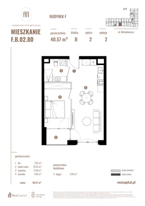 2 pokoje, apartament 40,57 m², piętro 2, oferta nr F.B.02.80, Apartamenty Reytana - Budynek F, Bielsko-Biała, ul. Rejtana