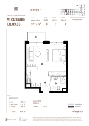 1 pokój, apartament 37,15 m², piętro 3, oferta nr F.B.03.86, Apartamenty Reytana - Budynek F, Bielsko-Biała, ul. Rejtana