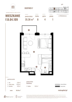 1 pokój, apartament 35,38 m², piętro 4, oferta nr F.B.04.109, Apartamenty Reytana - Budynek F, Bielsko-Biała, ul. Rejtana
