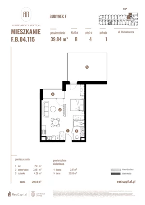 1 pokój, apartament 39,84 m², piętro 4, oferta nr F.B.04.115, Apartamenty Reytana - Budynek F, Bielsko-Biała, ul. Rejtana