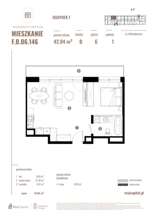 1 pokój, apartament 42,84 m², piętro 6, oferta nr F.B.06.146, Apartamenty Reytana - Budynek F, Bielsko-Biała, ul. Rejtana