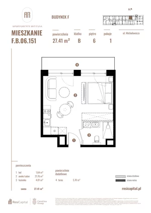 1 pokój, apartament 27,41 m², piętro 6, oferta nr F.B.06.151, Apartamenty Reytana - Budynek F, Bielsko-Biała, ul. Rejtana