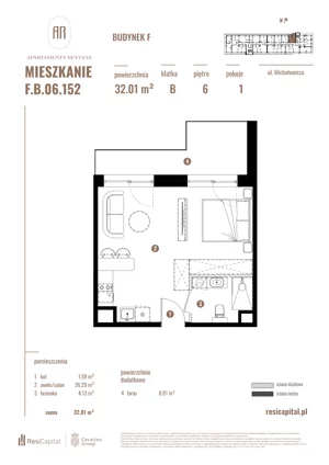 1 pokój, apartament 32,01 m², piętro 6, oferta nr F.B.06.152, Apartamenty Reytana - Budynek F, Bielsko-Biała, ul. Rejtana