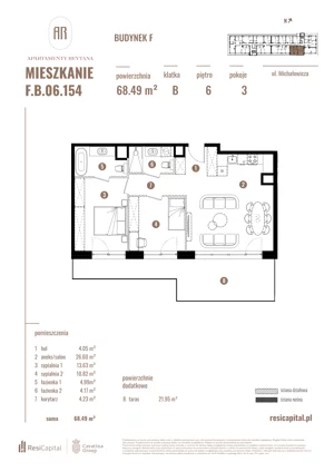 3 pokoje, apartament 68,49 m², piętro 6, oferta nr F.B.06.154, Apartamenty Reytana - Budynek F, Bielsko-Biała, ul. Rejtana