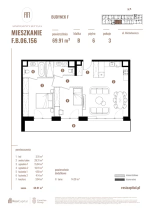 3 pokoje, apartament 69,91 m², piętro 6, oferta nr F.B.06.156, Apartamenty Reytana - Budynek F, Bielsko-Biała, ul. Rejtana