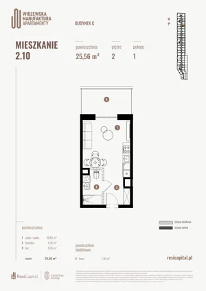 1 pokój, mieszkanie 25,56 m², piętro 2, oferta nr 2.10., Wima Apartments, Łódź, Widzew, Stary Widzew, al. Piłsudskiego 135