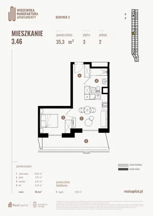 2 pokoje, mieszkanie 35,30 m², piętro 3, oferta nr 3.46., Wima Apartments, Łódź, Widzew, Stary Widzew, al. Piłsudskiego 135