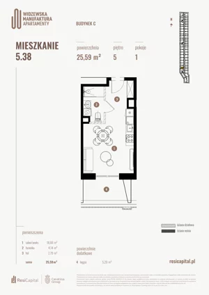 1 pokój, mieszkanie 25,59 m², piętro 5, oferta nr 5.38., Wima Apartments, Łódź, Widzew, Stary Widzew, al. Piłsudskiego 135