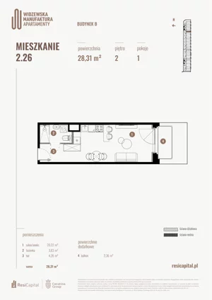 1 pokój, mieszkanie 28,31 m², piętro 2, oferta nr B.02.26., Wima Apartments, Łódź, Widzew, Stary Widzew, al. Piłsudskiego 135