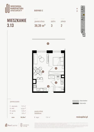 2 pokoje, mieszkanie 36,39 m², piętro 3, oferta nr 3.13., Wima Apartments, Łódź, Widzew, Stary Widzew, al. Piłsudskiego 135