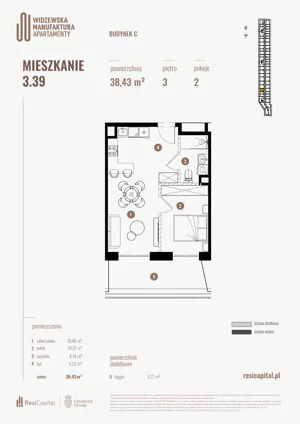 2 pokoje, mieszkanie 38,43 m², piętro 3, oferta nr 3.39., Wima Apartments, Łódź, Widzew, Stary Widzew, al. Piłsudskiego 135