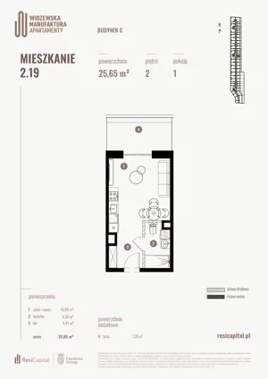 1 pokój, mieszkanie 25,65 m², piętro 2, oferta nr 2.19., Wima Apartments, Łódź, Widzew, Stary Widzew, al. Piłsudskiego 135