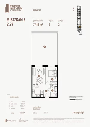 2 pokoje, mieszkanie 37,85 m², piętro 2, oferta nr 2.27., Wima Apartments, Łódź, Widzew, Stary Widzew, al. Piłsudskiego 135