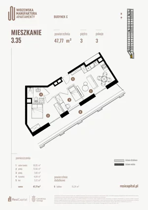 3 pokoje, mieszkanie 47,77 m², piętro 3, oferta nr 3.35., Wima Apartments, Łódź, Widzew, Stary Widzew, al. Piłsudskiego 135