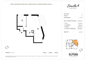 2 pokoje, mieszkanie 52,35 m², piętro 2, oferta nr C.3.3, Smolna 4, Sopot, Świemirowo, ul. Smolna 4