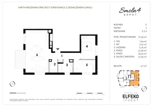 3 pokoje, mieszkanie 77,10 m², piętro 1, oferta nr E.2.3, Smolna 4, Sopot, Świemirowo, ul. Smolna 4