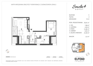 3 pokoje, mieszkanie 56,81 m², piętro 3, oferta nr E.4.2, Smolna 4, Sopot, Świemirowo, ul. Smolna 4