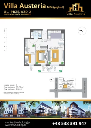 3 pokoje, mieszkanie 65,78 m², piętro 1, oferta nr M04, Villa Austeria, Nowy Dwór Mazowiecki, Kępa Nowodworska, Kępa Nowodworska, ul. Przejazd 2