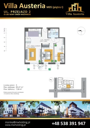 3 pokoje, mieszkanie 65,47 m², piętro 1, oferta nr M05, Villa Austeria, Nowy Dwór Mazowiecki, Kępa Nowodworska, Kępa Nowodworska, ul. Przejazd 2
