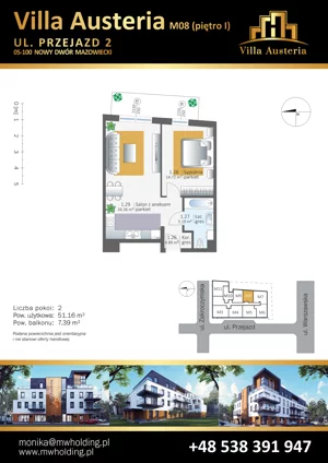 2 pokoje, mieszkanie 51,16 m², piętro 1, oferta nr M08, Villa Austeria, Nowy Dwór Mazowiecki, Kępa Nowodworska, Kępa Nowodworska, ul. Przejazd 2