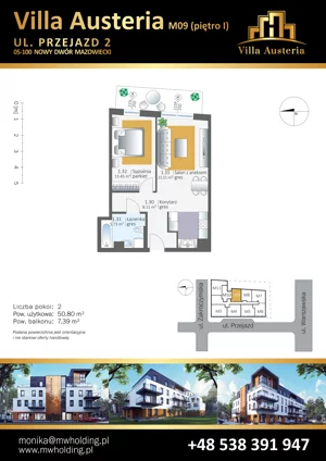 2 pokoje, mieszkanie 50,80 m², piętro 1, oferta nr M09, Villa Austeria, Nowy Dwór Mazowiecki, Kępa Nowodworska, Kępa Nowodworska, ul. Przejazd 2