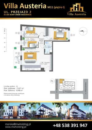 4 pokoje, mieszkanie 73,67 m², piętro 1, oferta nr M11, Villa Austeria, Nowy Dwór Mazowiecki, Kępa Nowodworska, Kępa Nowodworska, ul. Przejazd 2