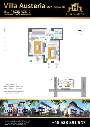 2 pokoje, mieszkanie 47,03 m², piętro 3, oferta nr M22, Villa Austeria, Nowy Dwór Mazowiecki, Kępa Nowodworska, Kępa Nowodworska, ul. Przejazd 2