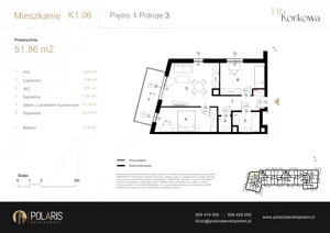 3 pokoje, mieszkanie 51,86 m², piętro 1, oferta nr K1.06, Korkowa 146, Warszawa, Wawer, ul. Korkowa 146